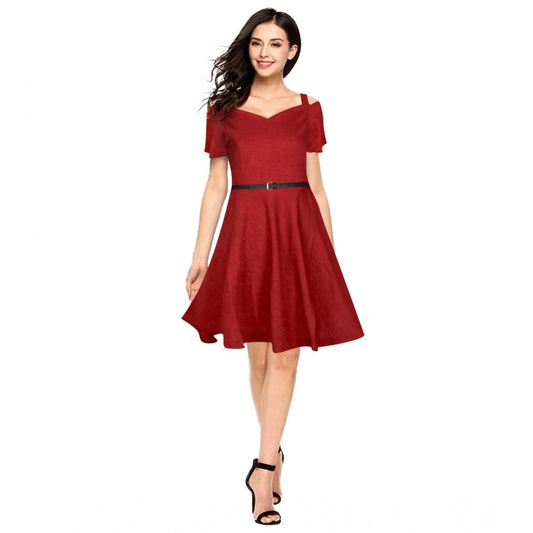 PKRKART Women's Polyester Solid V Neck Cap Sleeve Dress (Maroon)
