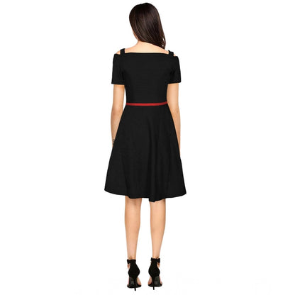 PKRKART Women's Polyester Solid V Neck Cap Sleeve Dress (Black)