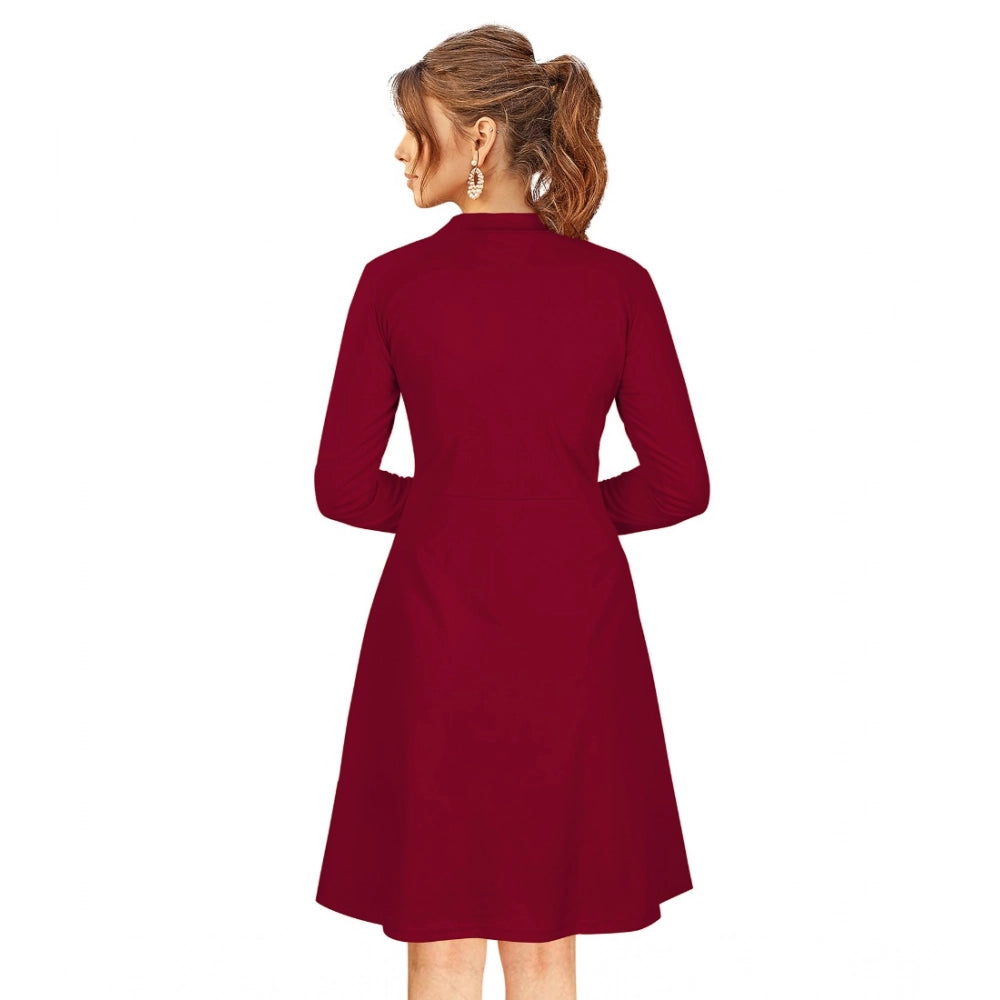 PKRKART Women's Knitting stretchable Solid Round Neck Full Sleeve Dress (Maroon)