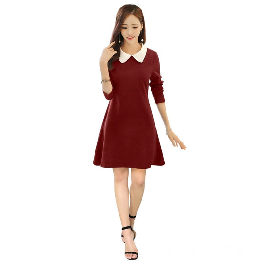 PKRKART Women's Polyester Solid Collar 3-4th Dress (Maroon)
