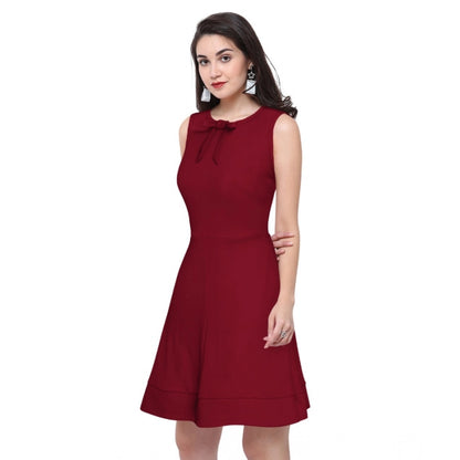 PKRKART Women's Polyester Solid Round Neck Sleeveless Dress (Maroon)