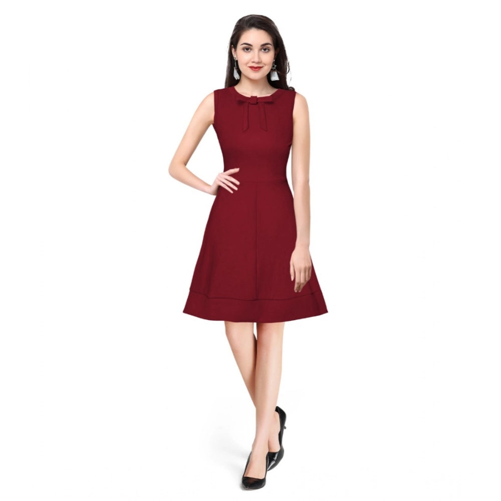 PKRKART Women's Polyester Solid Round Neck Sleeveless Dress (Maroon)