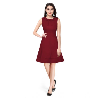 PKRKART Women's Polyester Solid Round Neck Sleeveless Dress (Maroon)