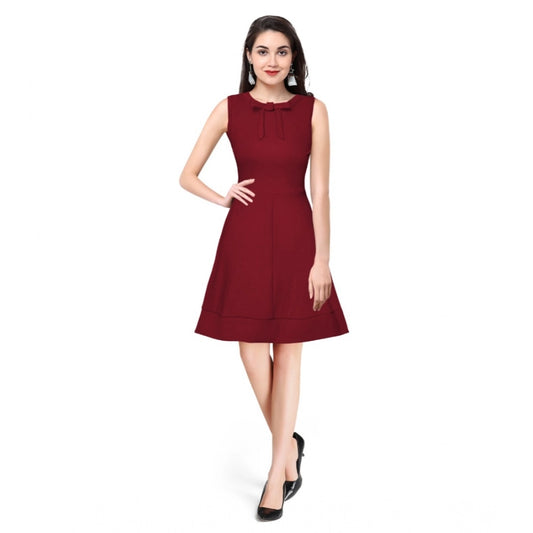 PKRKART Women's Polyester Solid Round Neck Sleeveless Dress (Maroon)