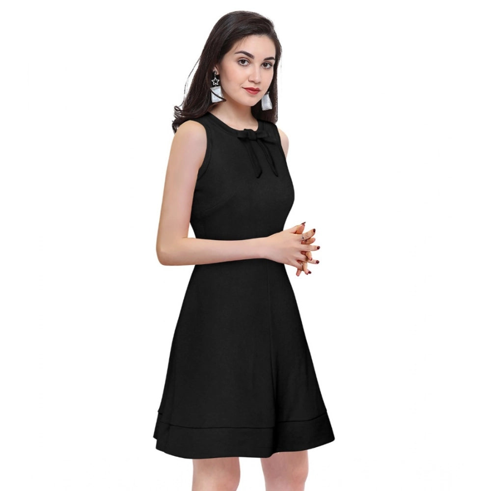 PKRKART Women's Polyester Solid Round Neck Sleeveless Dress (Black)