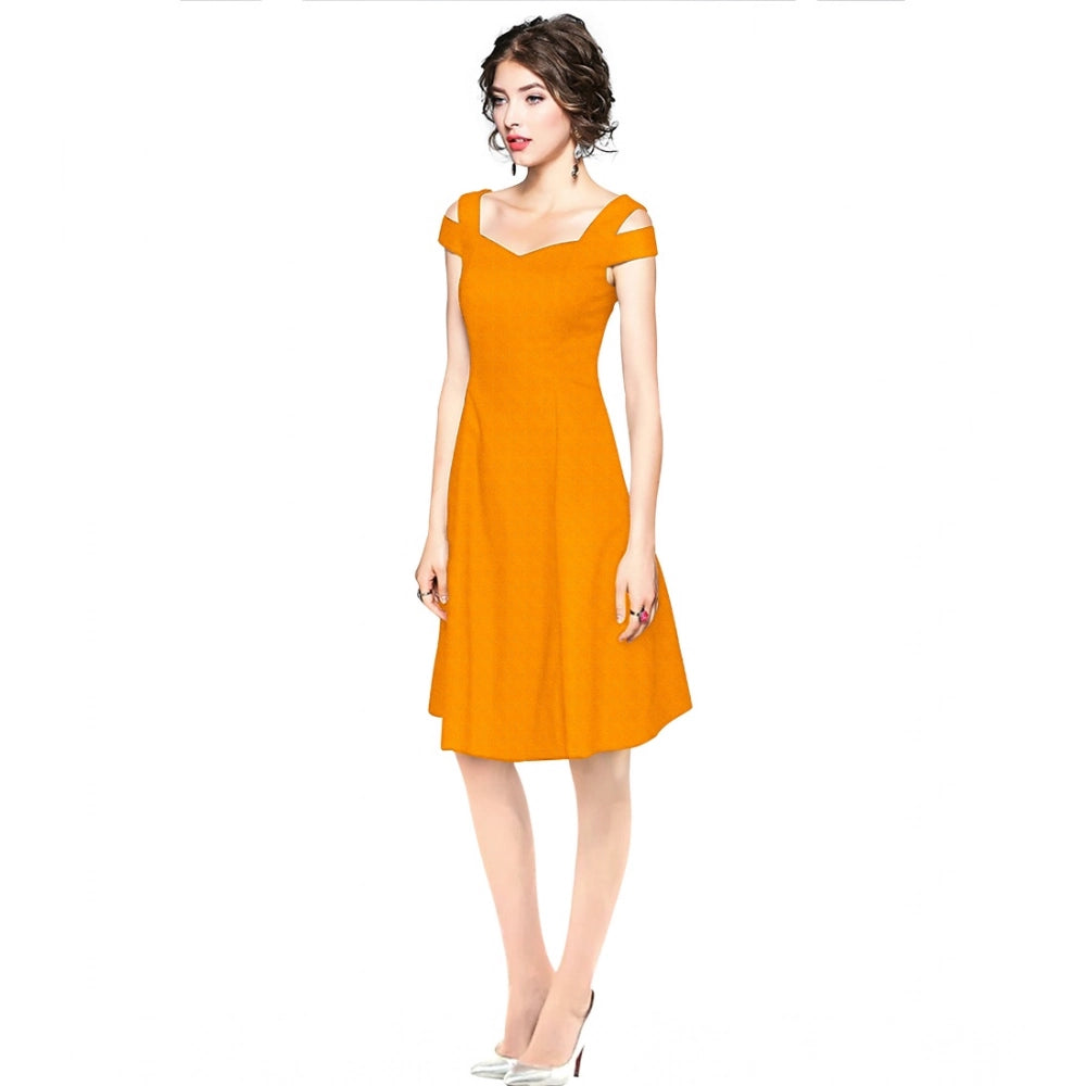 PKRKART Women's Polyester Solid V Neck Cap Sleeve off Shoulder Dress (Yellow)