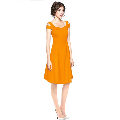 PKRKART Women's Polyester Solid V Neck Cap Sleeve off Shoulder Dress (Yellow)