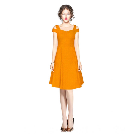 PKRKART Women's Polyester Solid V Neck Cap Sleeve off Shoulder Dress (Yellow)