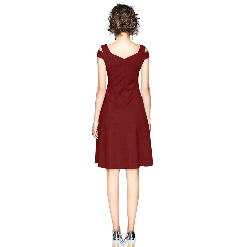 PKRKART Women's Polyester Solid V Neck Cap Sleeve off Shoulder Dress (Maroon)