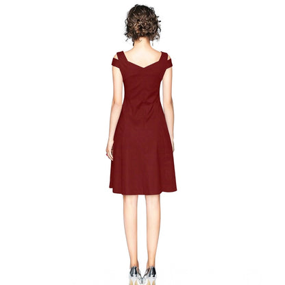 PKRKART Women's Polyester Solid V Neck Cap Sleeve off Shoulder Dress (Maroon)