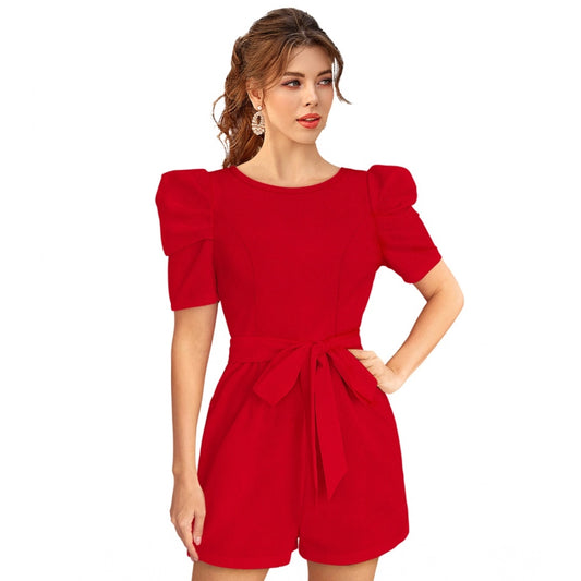 PKRKART Women's Knitting stretchable Solid Round Neck 3-4 Puff Sleeve Dress (Red )