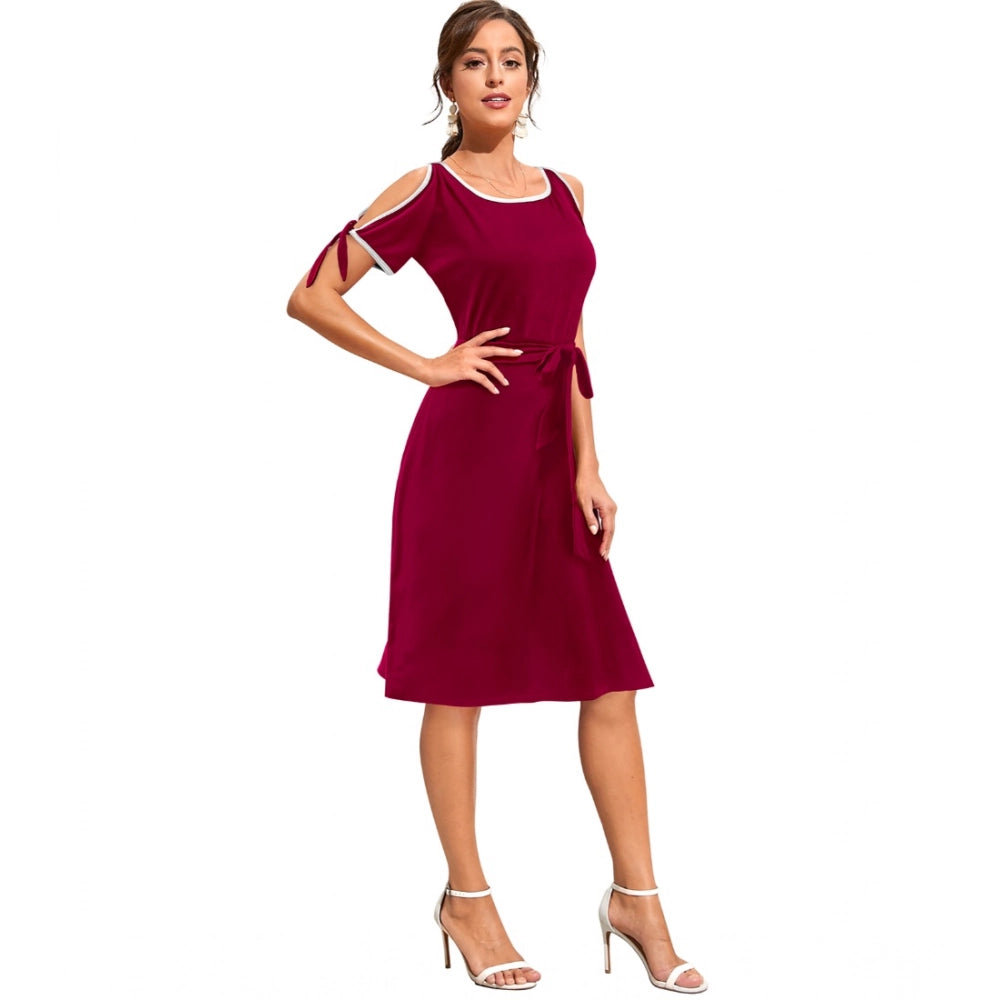 PKRKART Women's Knitting stretchable Solid Round Neck Sleeveless Dress (Maroon)
