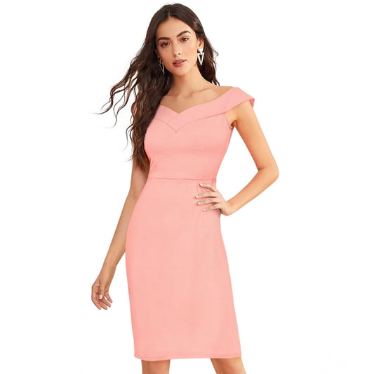 PKRKART Women's Knitting stretchable Solid Round Neck Sleeveless Dress (Peach)