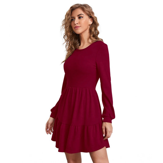 PKRKART Women's Knitting stretchable Solid Round Neck Full Sleeve Dress (Maroon)