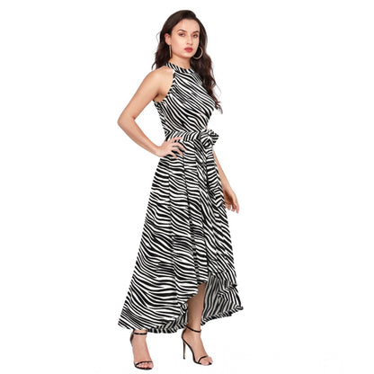 PKRKART Women's Polyester Zebra Pattern Halter Neck Sleeveless Dress (White)