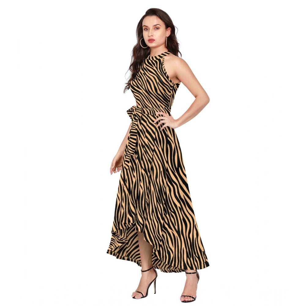 PKRKART Women's Polyester Zebra Pattern Halter Neck Sleeveless Dress (Yellow)