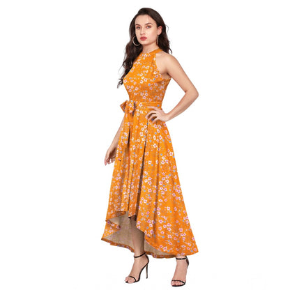 PKRKART Women's Polyester Printed Halter Neck Sleeveless Dress (Yellow)