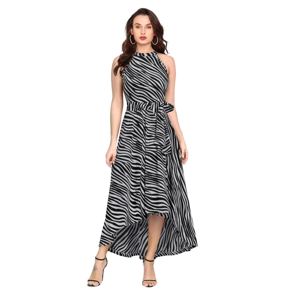PKRKART Women's Polyester Zebra Pattern Halter Neck Sleeveless Dress (Navy Blue)