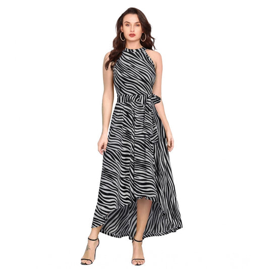 PKRKART Women's Polyester Zebra Pattern Halter Neck Sleeveless Dress (Navy Blue)