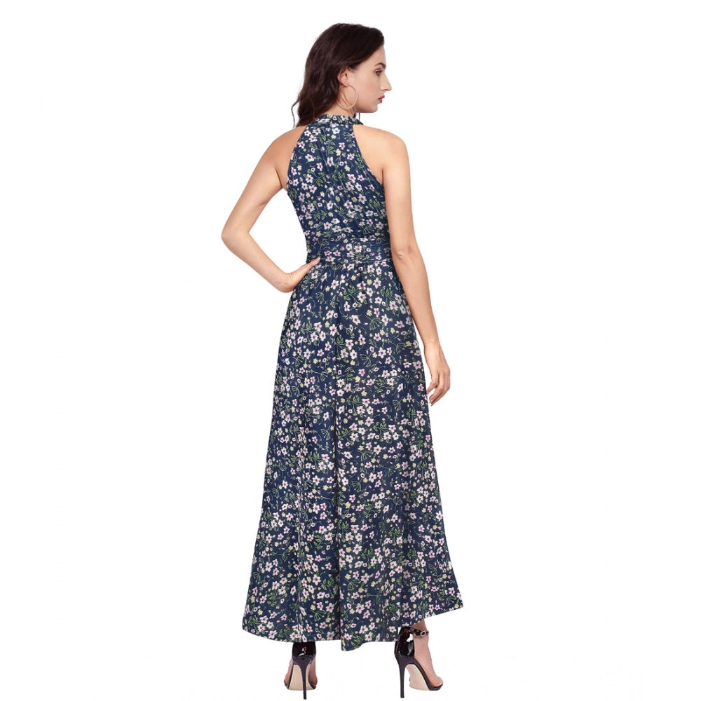 PKRKART Women's Polyester Printed Halter Neck Sleeveless Dress (Blue)