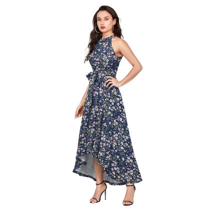 PKRKART Women's Polyester Printed Halter Neck Sleeveless Dress (Blue)