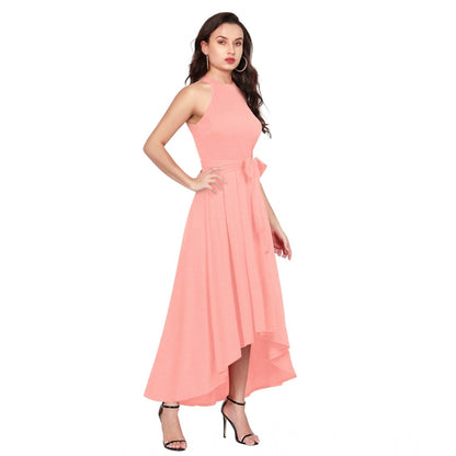 PKRKART Women's Polyster Solid Halter Neck Sleeveless Dress (Peach)