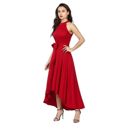 PKRKART Women's Polyster Solid Halter Neck Sleeveless Dress (Red)