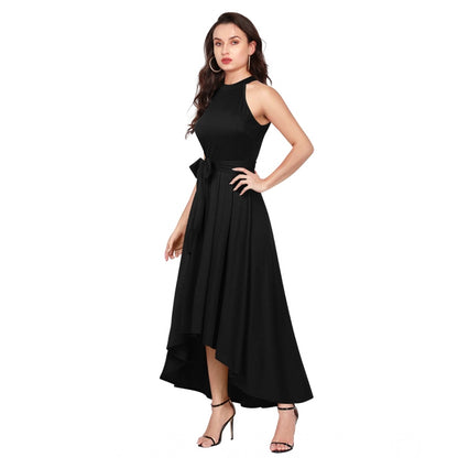 PKRKART Women's Polyster Solid Halter Neck Sleeveless Dress (Black)