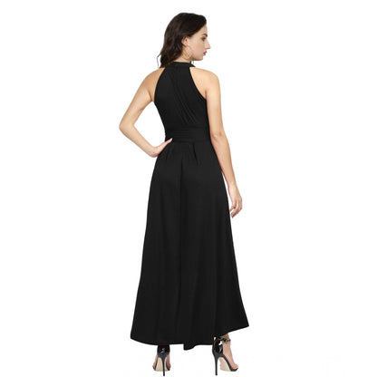 PKRKART Women's Polyster Solid Halter Neck Sleeveless Dress (Black)