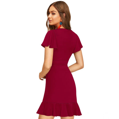 PKRKART Women's Knitting stretchable Solid V Neck Flaired Sleeve Dress (Maroon )