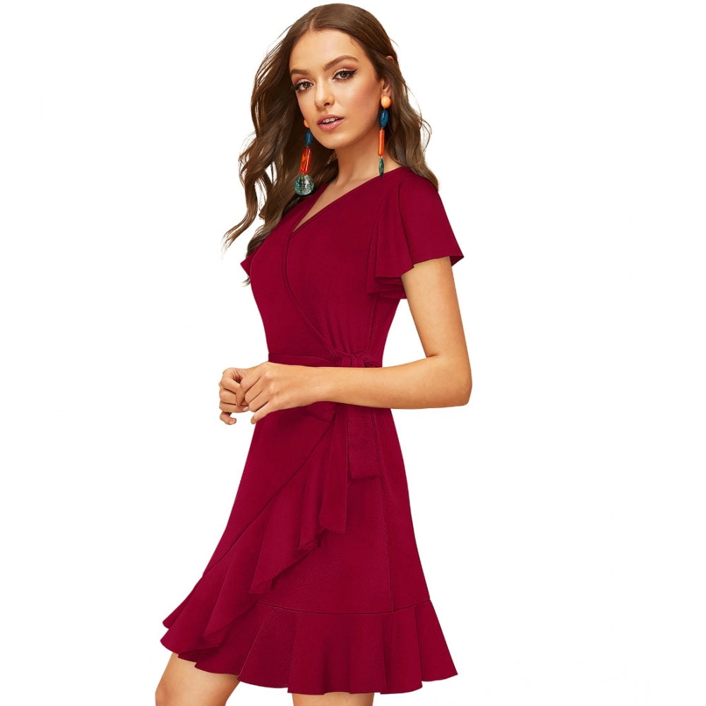 PKRKART Women's Knitting stretchable Solid V Neck Flaired Sleeve Dress (Maroon )