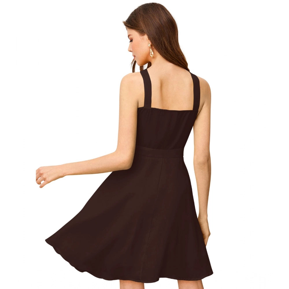 PKRKART Women's Knitting stretchable Solid Halter Neck Sleeveless Dress (Coffee)