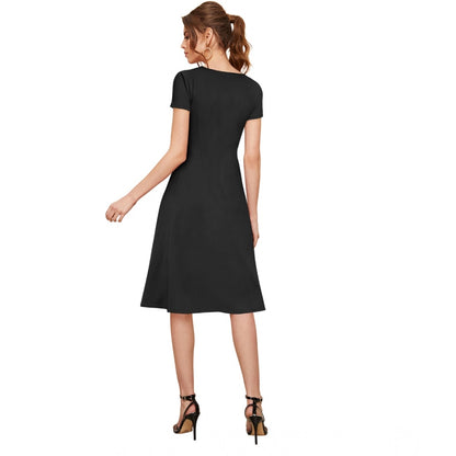 PKRKART Women's Knitting stretchable Solid Round Neck Cap Sleeve Dress (Black)