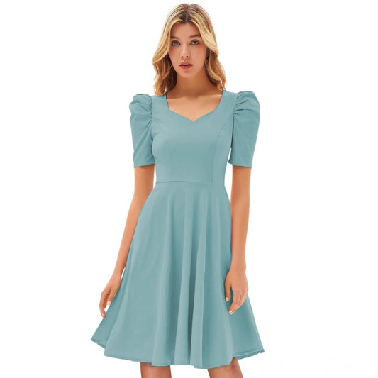 PKRKART Women's Knitting stretchable Solid V Neck Cap Sleeve Dress (Pista)
