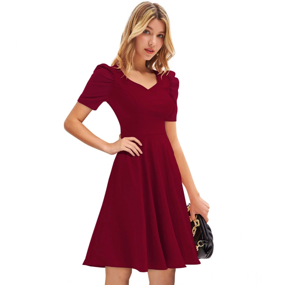 PKRKART Women's Knitting stretchable Solid V Neck Cap Sleeve Dress (Maroon)