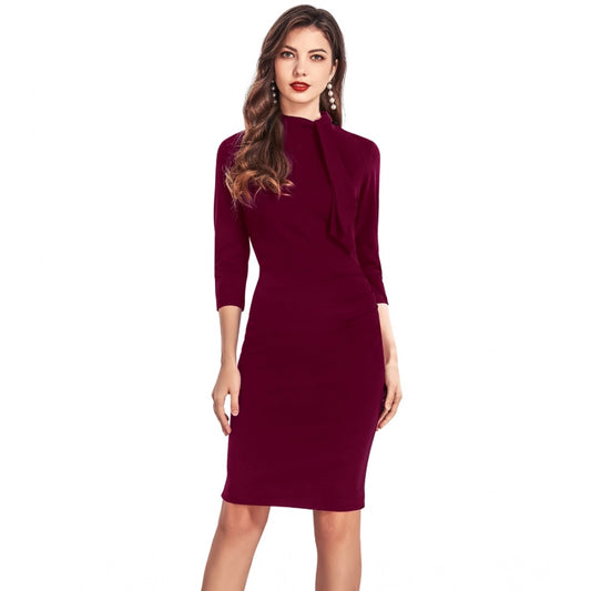 PKRKART Women's Knitting stretchable Solid Round Neck 3-4th Dress (Maroon)