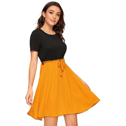 PKRKART Women's Knitting stretchable Solid Round Neck Cap Sleeve Dress (Yellow)