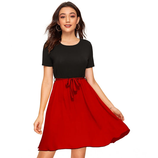 PKRKART Women's Knitting stretchable Solid Round Neck Cap Sleeve Dress (Red)
