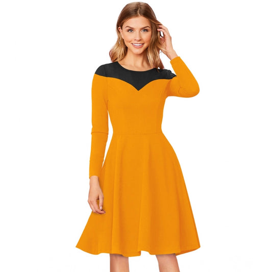 PKRKART Women's Knitting stretchable Solid Round Neck Full Sleeve Dress (Yellow)