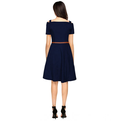 PKRKART Women's Polyester Solid V Neck Cap Sleeve Dress (Blue)
