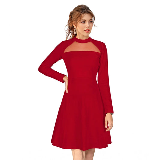 PKRKART Women's Knitting stretchable Solid Round Neck Full Sleeve Dress (Red)