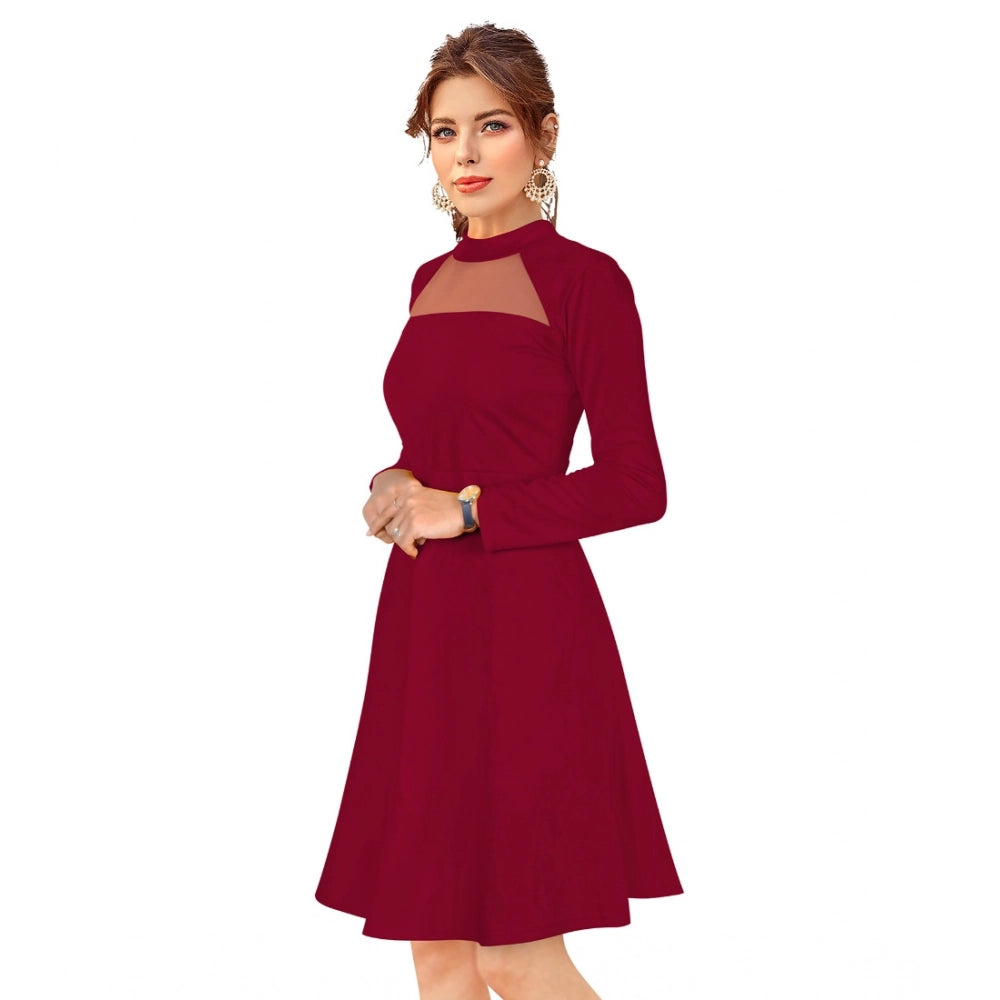 PKRKART Women's Knitting stretchable Solid Round Neck Full Sleeve Dress (Maroon)