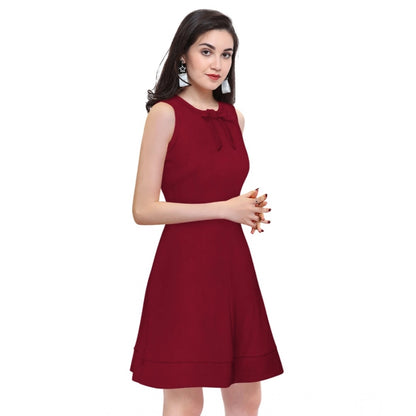 PKRKART Women's Polyester Solid Round Neck Sleeveless Dress (Maroon)