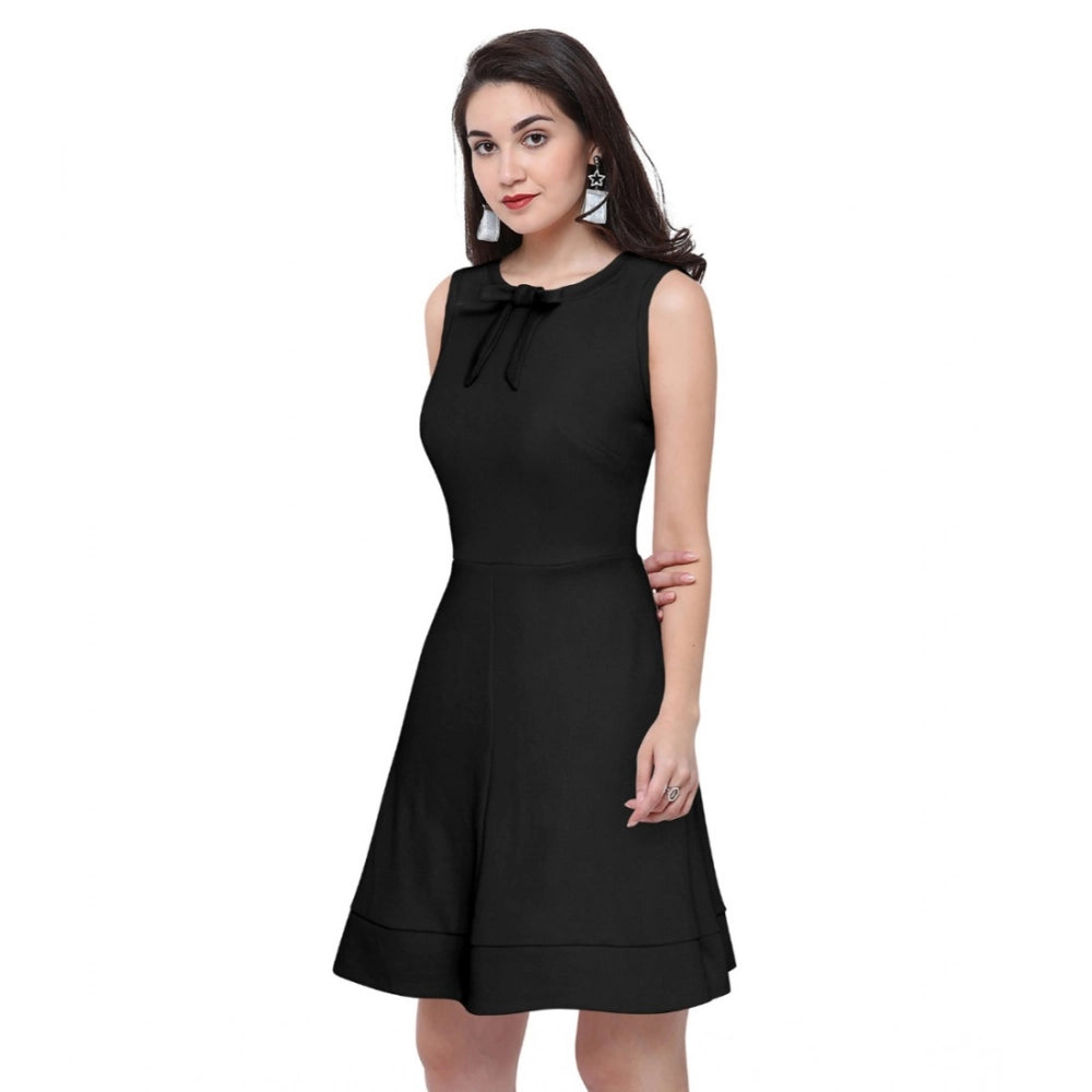 PKRKART Women's Polyester Solid Round Neck Sleeveless Dress (Black)
