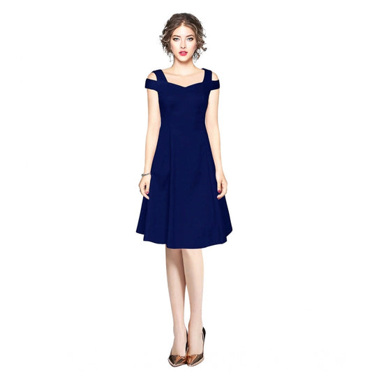 PKRKART Women's Polyester Solid V Neck Cap Sleeve off Shoulder Dress (Blue)