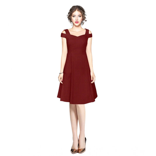 PKRKART Women's Polyester Solid V Neck Cap Sleeve off Shoulder Dress (Maroon)