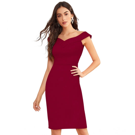PKRKART Women's Knitting stretchable Solid Round Neck Sleeveless Dress (Maroon)