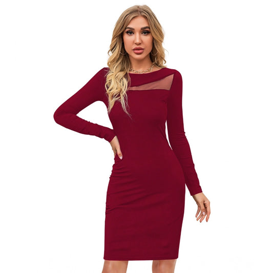 PKRKART Women's Knitting stretchable Solid Round Neck Full Sleeve Dress (Maroon)