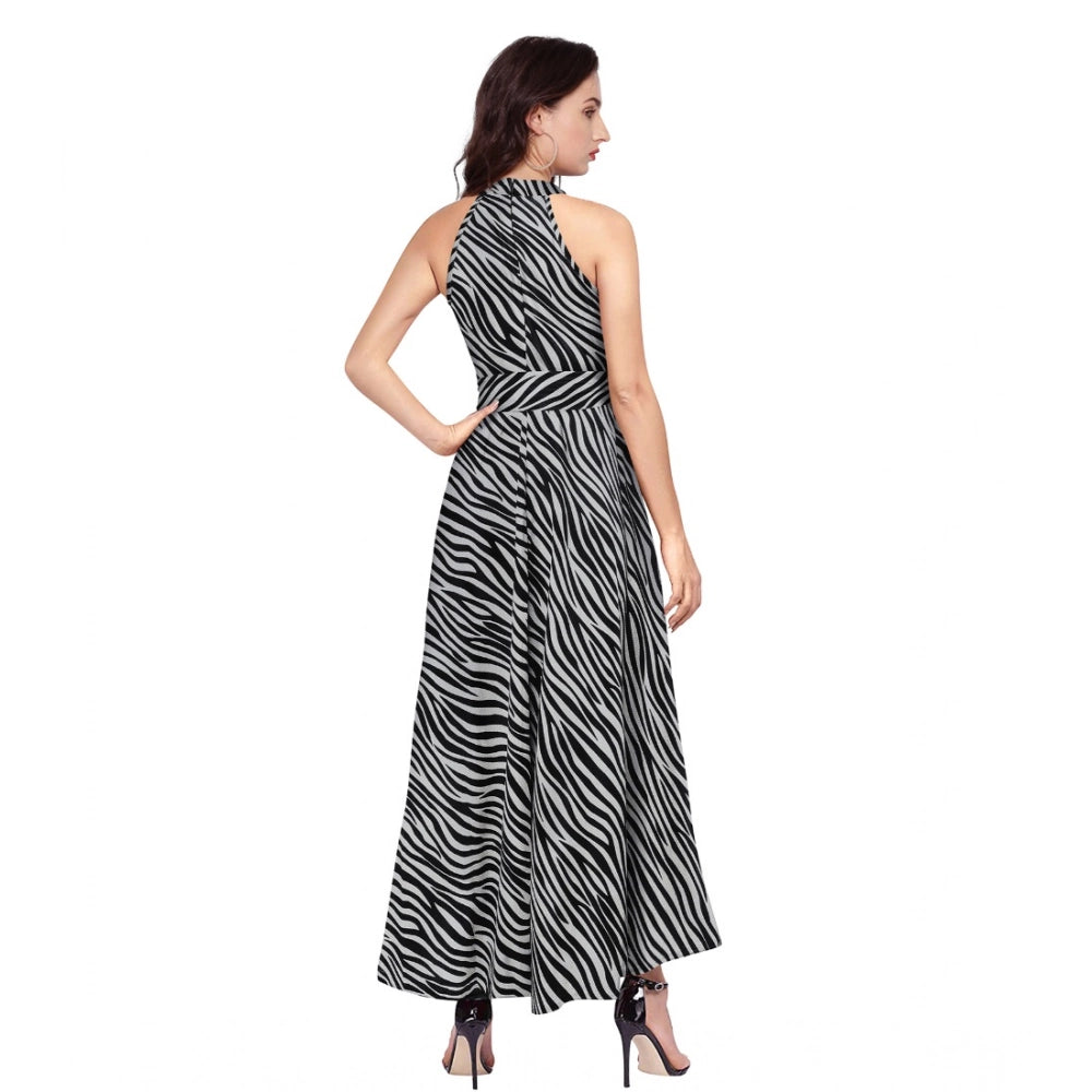 PKRKART Women's Polyester Zebra Pattern Halter Neck Sleeveless Dress (Navy Blue)