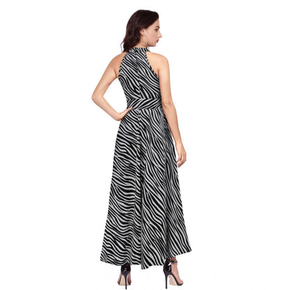 PKRKART Women's Polyester Zebra Pattern Halter Neck Sleeveless Dress (Navy Blue)